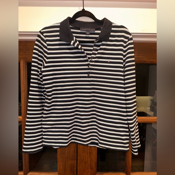 Tommy Hilfiger Women’s Size Medium Striped Navy Light Blue and White‎ Polo Shirt - Picture 1 of 11